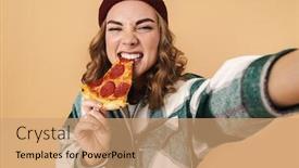  Presentation with selfie - Presentation theme having photo-of-pretty-happy-woman background and a coral colored foreground