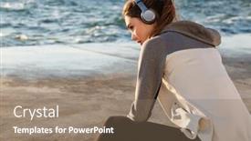  Presentation with woman sport - Beautiful presentation theme featuring photo of pretty sport woman listening to music while resting after run seaside outdoor backdrop and a coral colored foreground