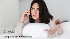  Presentation with linen - Presentation theme enhanced with photo of pretty woman 30s using mobile phone while lying in bed with white linen in bright room background and a sky blue colored foreground