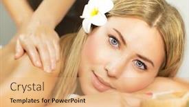  Presentation with hair spa - Presentation design consisting of photo of pretty woman enjoying day spa cute female lying down on massage table frangipani flower in hair alternative treatment natural cosmetics luxury spa salon health care and beauty concept background and a coral colored foreground