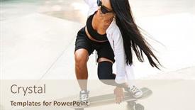  Presentation with photo - Beautiful PPT layouts featuring photo of pretty young woman in streetwear smiling while riding skateboard in skate park backdrop and a lemonade colored foreground