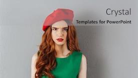  Presentation with red grey - PPT layouts consisting of photo of redhead young angry lady in green dress and red beret standing over grey wall background looking camera background and a light gray colored foreground