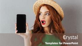  Presentation with photo display - Slides with photo of redhead young shocked woman in green dress and hat standing over grey wall background looking aside showing display of mobile phone background and a tawny brown colored foreground