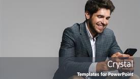  Presentation with photo - Audience pleasing presentation theme consisting of photo-of-respectable-laughing-businessman backdrop and a dark gray colored foreground