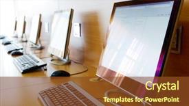  Presentation with computers - Slide deck consisting of photo of row of computers background and a tawny brown colored foreground