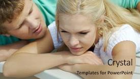  Presentation with serene - Beautiful PPT theme featuring photo of serene blond woman lying on deckchair with her husband near backdrop and a coral colored foreground