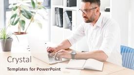  Presentation with office room - Beautiful PPT theme featuring photo of serious bearded man 30s in white shirt sitting at table and typing on laptop while working in bright office room backdrop and a lemonade colored foreground