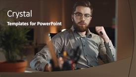  Presentation with web - PPT layouts with photo of serious bearded web designer dressed in shirt working late at night and looking at camera while holding pen in hand background and a tawny brown colored foreground