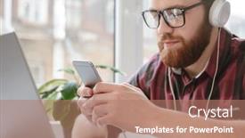  Presentation with computer music - Audience pleasing presentation theme consisting of photo of serious bearded young student man sitting in cafe chatting by phone while using laptop computer and listening music looking at phone backdrop and a coral colored foreground