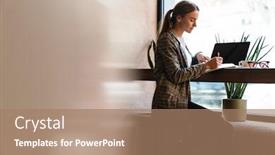  Presentation with writing notes - Presentation theme featuring photo-of-serious-charming-woman background and a coral colored foreground