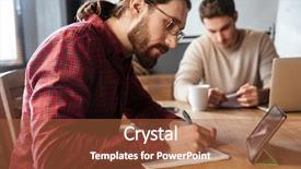  Presentation with coworking - Cool new slide deck with photo of serious colleagues sitting in office and using laptop and tablet computer coworking backdrop and a red colored foreground