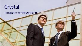  Presentation with foreman - Colorful slide set enhanced with photo of serious employee pointing at something with confident foreman standing near backdrop and a sky blue colored foreground