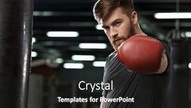  Presentation with boxer - PPT layouts with photo of serious handsome young strong sports man boxer posing in gym and looking at camera background and a dark gray colored foreground
