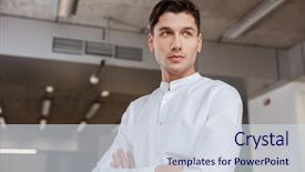  Presentation with coworking - Amazing slides having photo of serious man dressed in white shirt standing with arms crossed indoors coworking looking aside backdrop and a sky blue colored foreground