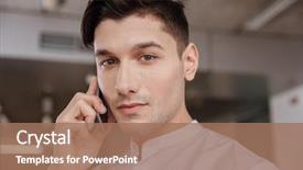  Presentation with coworking - Presentation enhanced with photo of serious man dressed in white shirt talking by the phone indoors coworking looking at camera background and a coral colored foreground