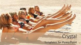  Presentation with sun tanning - Slide deck having photo of several girls in bikini lying on sandy beach and tanning in the bright summer sun background and a coral colored foreground