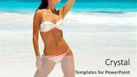  Presentation with luxury travel - Presentation theme with photo of sexy woman on sea side slim tanned model posing on the beach attractive woman wearing stylish colorful swimsuit summer holiday luxury tropical resort vacation and travel concept background and a white colored foreground