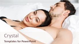  Presentation with bed hotel - PPT theme with photo of shirtless couple man and woman hugging together while lying in bed at home or hotel apartment background and a lemonade colored foreground