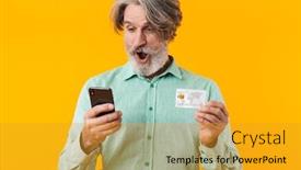  Presentation with man holding phone - Slide set featuring photo-of-shocked-grey-haired background and a gold colored foreground