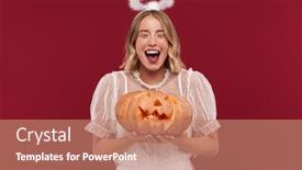  Presentation with angel - Slide deck enhanced with photo of shocked screaming happy woman angel in carnival costume isolated over red wall background holding pumpkin background and a coral colored foreground