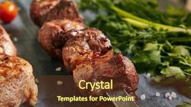  Presentation with fresh fruits and leafy greens dairy meat - Colorful slide set enhanced with photo of skewered grilled cubes backdrop and a tawny brown colored foreground