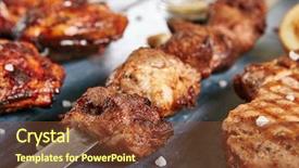  Presentation with meat pig - Amazing PPT theme having photo of skewered grilled cubes backdrop and a tawny brown colored foreground