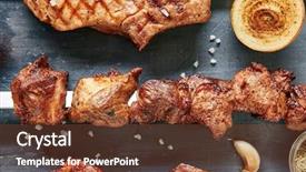  Presentation with meat pig - Presentation enhanced with photo of skewered grilled cubes background and a tawny brown colored foreground