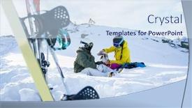  Presentation with snowboard - Presentation theme consisting of photo of ski snowboard ski poles on background of two tourists with thermos in hands sitting on snow resort background and a sky blue colored foreground
