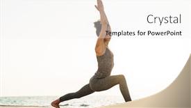  Presentation with slim body - Presentation design with photo of slim sportswoman in tracksuit stretching her body on mat while practicing yoga by seaside in morning background and a white colored foreground