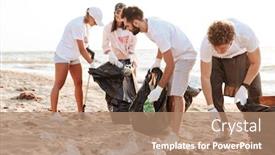  Presentation with eco plastic - PPT theme with photo of smart eco volunteers people cleaning beach from plastic with trash bags at seaside background and a coral colored foreground