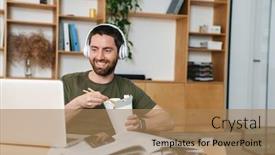  Presentation with noodle - Presentation theme with photo-of-smiling-bearded-man background and a coral colored foreground