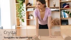  Presentation with textile - Amazing PPT theme having photo-of-smiling-beautiful-woman backdrop and a coral colored foreground