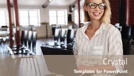  Presentation with eyeglasses - Amazing slide deck having photo-of-smiling-blonde-woman backdrop and a coral colored foreground