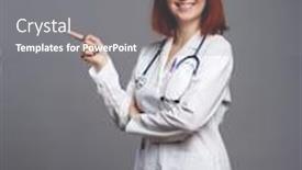  Presentation with points - PPT theme enhanced with photo of smiling brunette doctor in white coat and with phonendoscope in glasses points finger at empty space background and a gray colored foreground