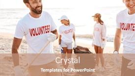  Presentation with eco plastic - Colorful presentation theme enhanced with photo of smiling eco volunteers people cleaning beach from plastic with trash bags at seaside backdrop and a coral colored foreground