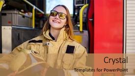 Presentation with fire truck - Cool new PPT layouts with photo of smiling fire woman backdrop and a coral colored foreground