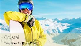  Presentation with snowboard - Slide set having photo of smiling girl in helmet and mask with snowboard on background of snowy hills background and a yellow colored foreground