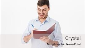  Presentation with gold man smile - Amazing PPT theme having photo-of-smiling-handsome-man backdrop and a light gray colored foreground