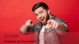  Presentation with jeans - Audience pleasing slide deck consisting of photo of smiling man 30s in jeans jacket looking on camera with pointing index fingers on you isolated over red background backdrop and a red colored foreground
