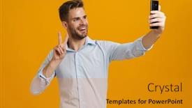  Presentation with peace - Cool new PPT theme with photo-of-smiling-man-gesturing backdrop and a gold colored foreground