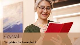  Presentation with diary - PPT layouts having photo-of-smiling-mature-woman background and a coral colored foreground