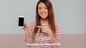  Presentation with photo display - PPT theme consisting of photo of smiling young asian woman showing display of phone standing isolated over grey wall looking camera pointing background and a coral colored foreground
