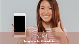  Presentation with photo display - Beautiful slide deck featuring photo of smiling young asian woman showing display of phone standing isolated over grey wall looking camera showing thumbs up backdrop and a coral colored foreground