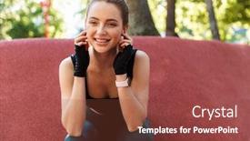  Presentation with sports bar sports bar - PPT layouts with photo of smiling young woman 20s wearing tracksuit and gloves resting after workout with horizontal metal bar on sports ground in green park background and a tawny brown colored foreground