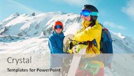  Presentation with snowboard - Audience pleasing PPT theme consisting of photo of sportive man and woman with snowboard against background of snowy hills backdrop and a soft green colored foreground