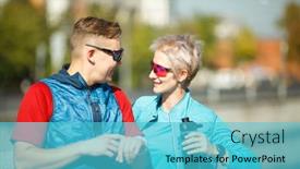  Presentation with water sports - Amazing PPT layouts having photo of sports man and woman in sunglasses with bottle of water on blurred background backdrop and a teal colored foreground