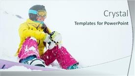  Presentation with snowboard - PPT layouts enhanced with photo of sporty smiling woman in helmet and mask with snowboard sitting on slope of snowy hill background and a sky blue colored foreground