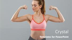  Presentation with standing strong - PPT layouts featuring photo of strong amazing young sports woman standing isolated over grey background looking aside showing biceps background and a gray colored foreground