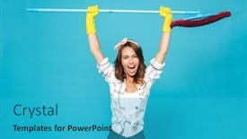  Presentation with rubber gloves - Slides having photo of strong beautiful woman 20s in yellow rubber gloves holding mop above head during cleaning isolated over blue background background and a teal colored foreground