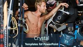  Presentation with strong - Slide deck having photo of strong handsome cheerful pleased positive young man surfer at the beach in garage background and a ocean colored foreground